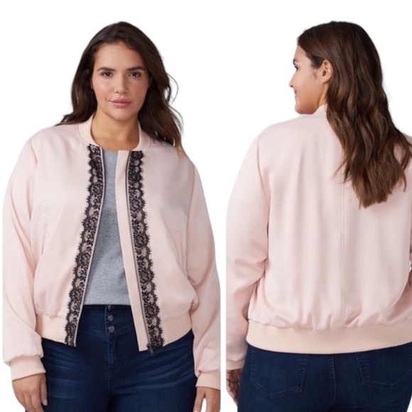 Lane Bryant Full Zip Up Lace Accent Lined Jacket Light Pink and Black Womens 14 - Picture 2 of 14